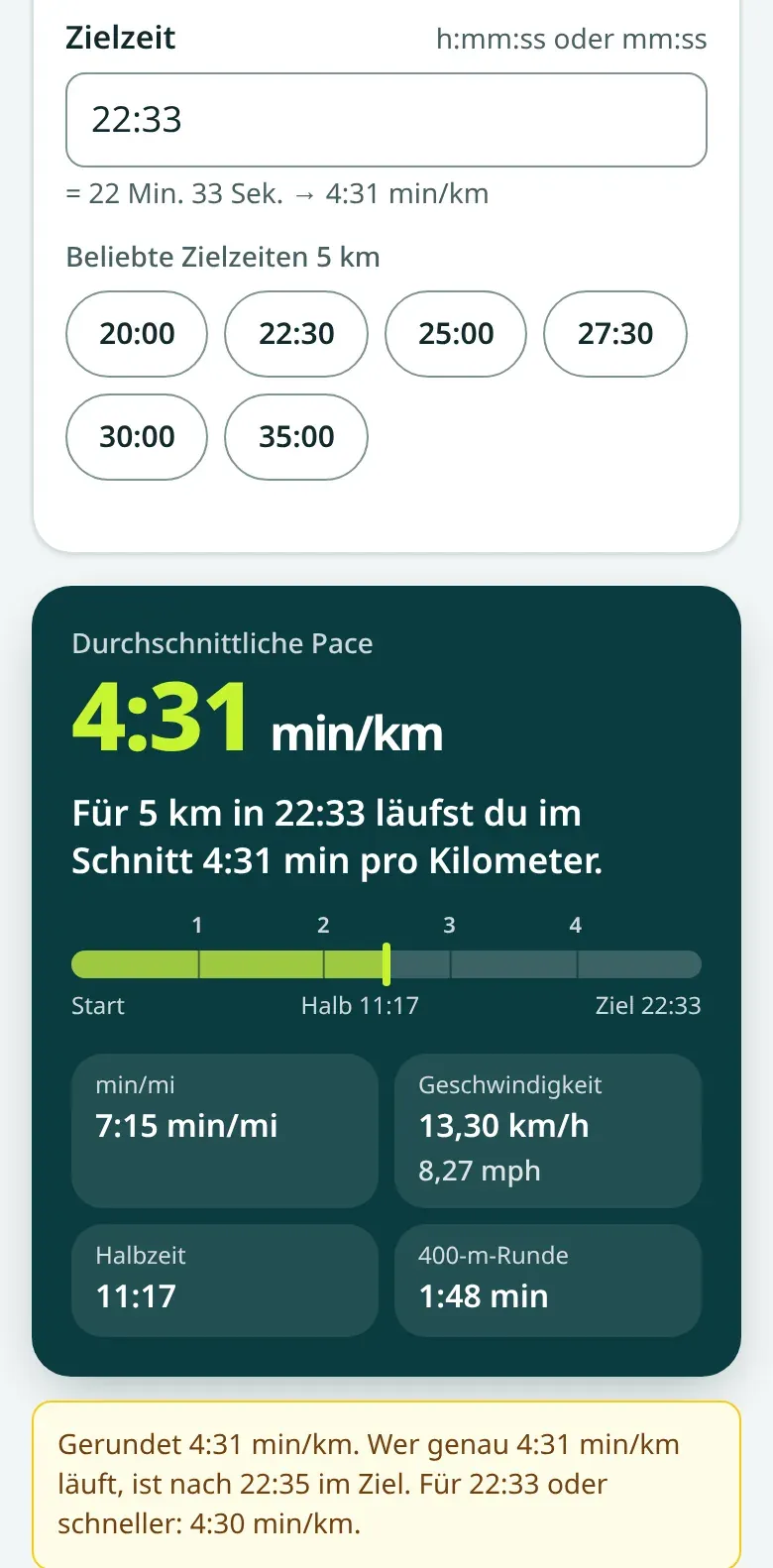 Screenshot des 5-km-Pace-Rechners mit Zielzeit 22:33: Ergebnis 4:31 min/km, Halbzeit 11:17, 13,30 km/h und der Hinweis, dass man mit 4:31 erst nach 22:35 im Ziel ist und für 22:33 eine Pace von 4:30 braucht