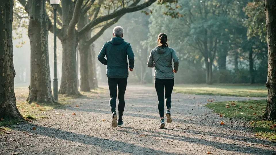 Ein älterer Läufer und eine jüngere Läuferin joggen von hinten gesehen nebeneinander auf einem Parkweg im Herbstnebel