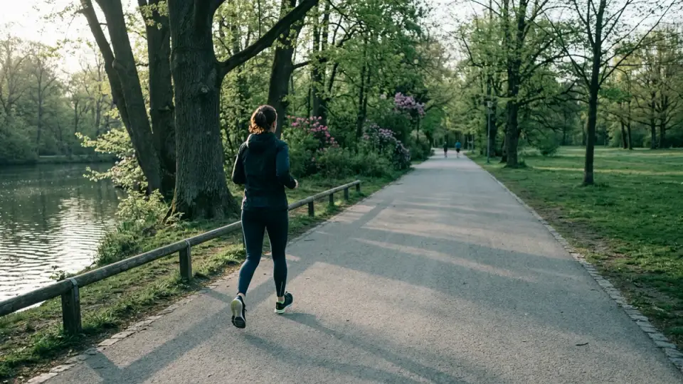 Läuferin von hinten auf einem Parkweg am Teich an einem Frühlingsmorgen