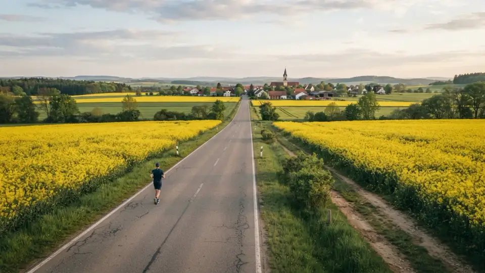 Lange Landstraße zwischen blühenden Rapsfeldern, in der Ferne ein Dorf mit Kirchturm