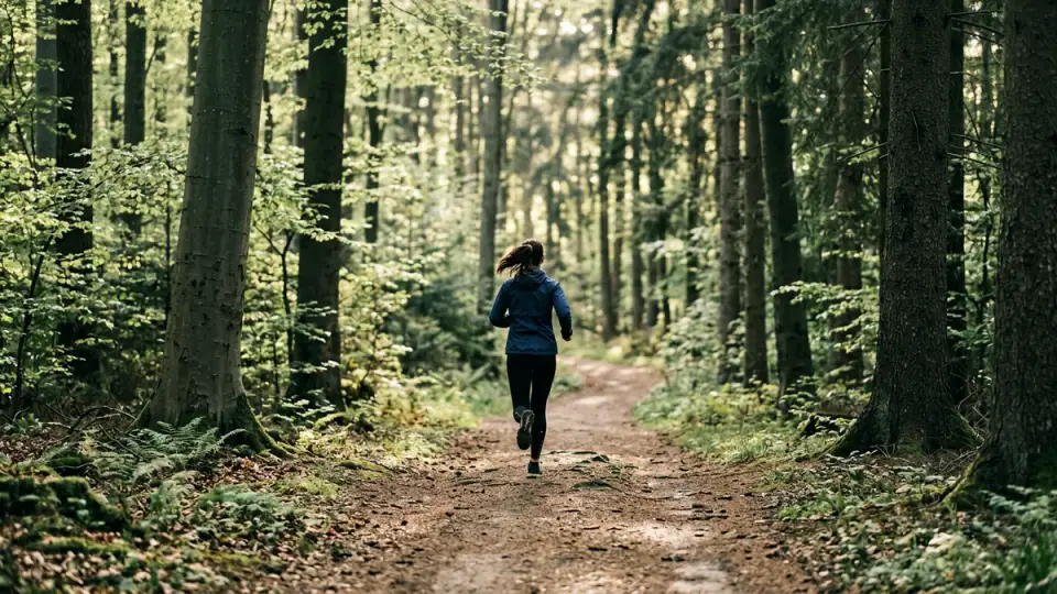 Läuferin von hinten auf einem Waldweg im Mischwald